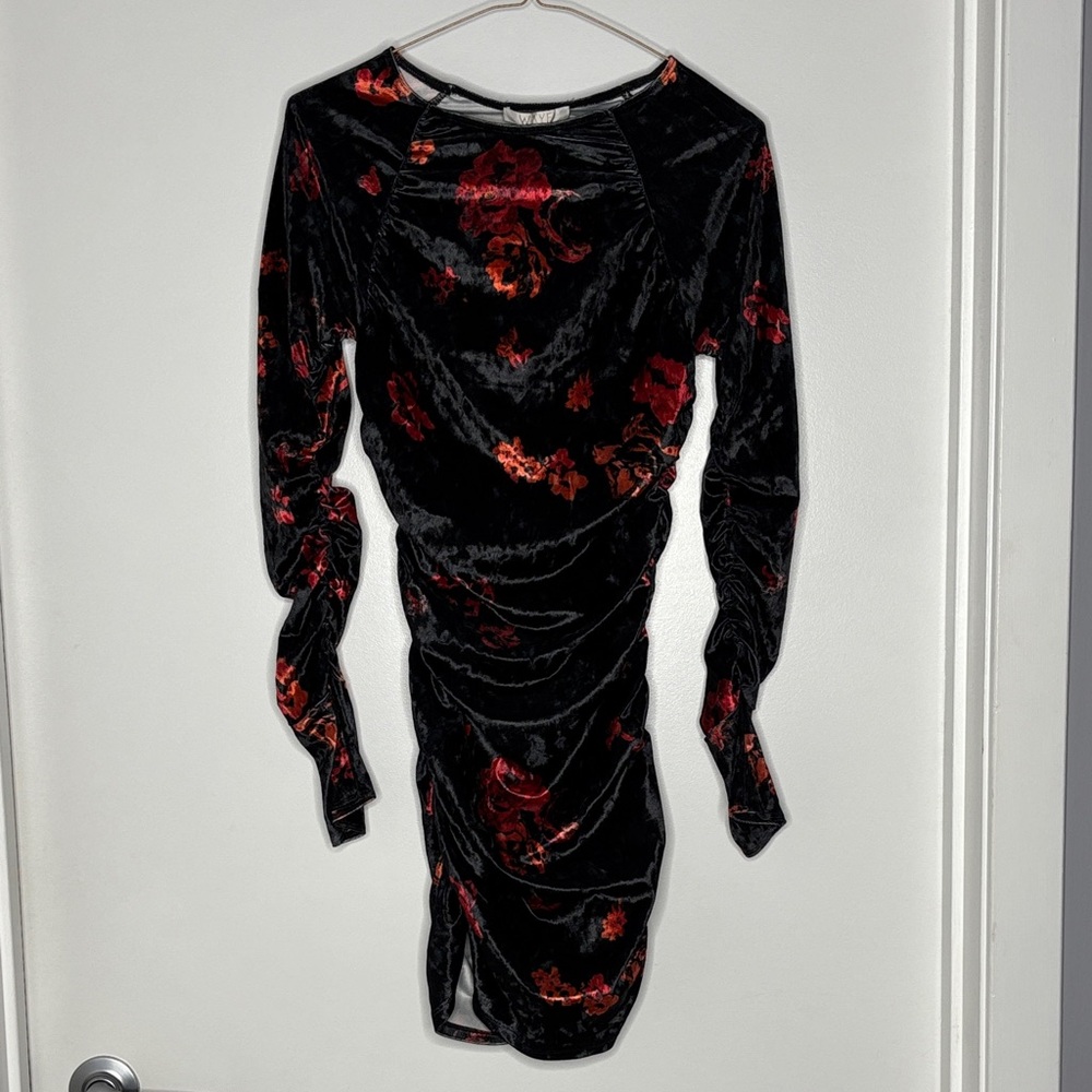Wayf Black Velvet Dress with Red Floral Pattern